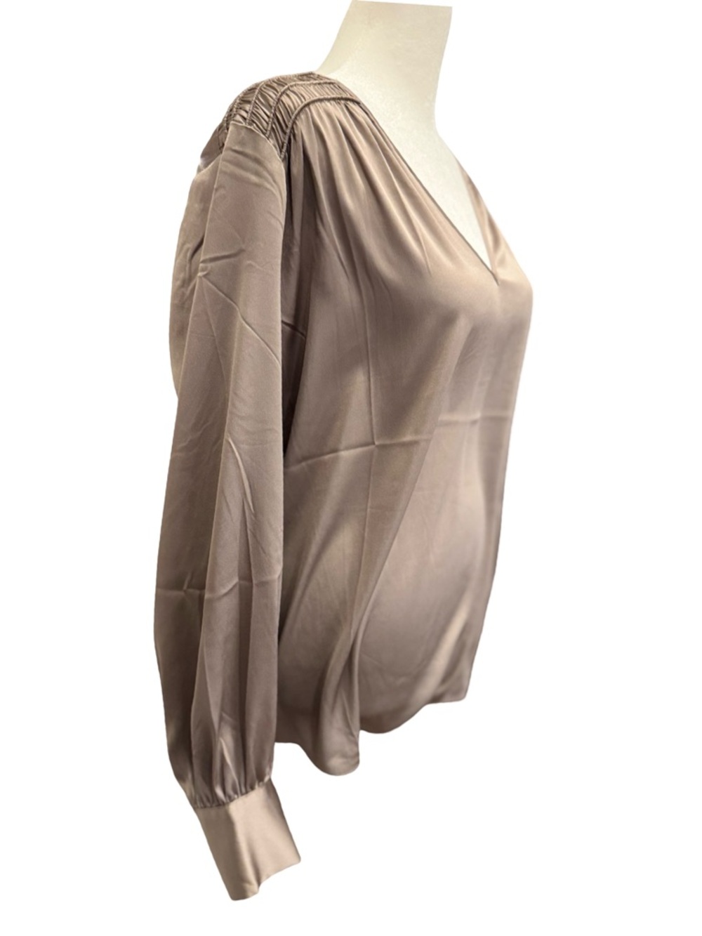 NWT White House Black Market Taupe V-Neck Satin Blouse (medium) - Picture 2 of 4